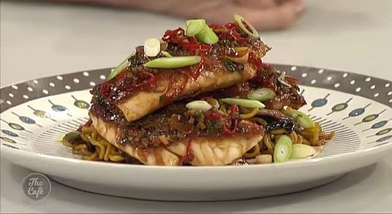 Pan Fried Fish with Ginger and Spring Onion served with noodles