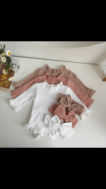 Fashion Toddler Baby Girls Romper Outfits Set Cotton Ribbed Flared Sleeve Jumpsuit + Bow Headband