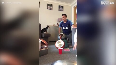 Pai e filho fazem truque com bola de ping pong