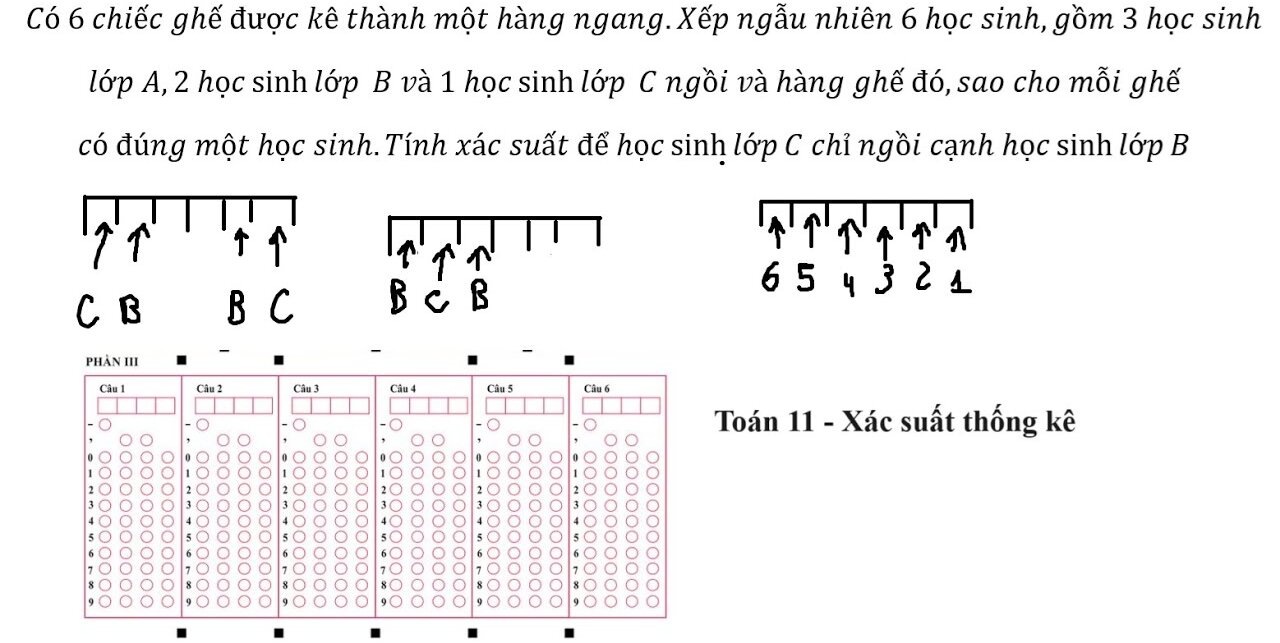 Toán 11: Xác suất: Có 6 chiếc ghế được kê thành một hàng ngang.Xếp ngẫu nhiên 6 học sinh,gồm 3 học