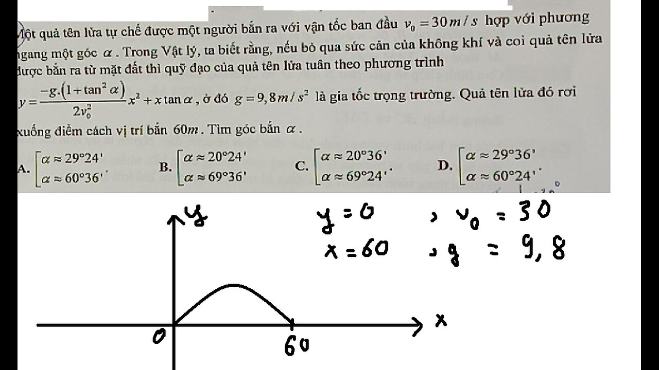 Toán 11: Một quả tên lửa tự chế được một người bắn ra với vận tốc ban đầu vo=30m/s hợp với phương