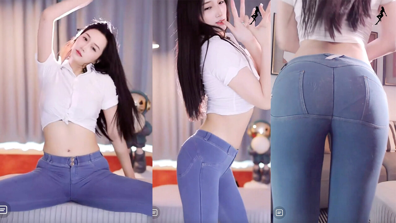 Sensual dance streamer in fitted denim jeans, highlighting her hips with chest and hip movements from the rear