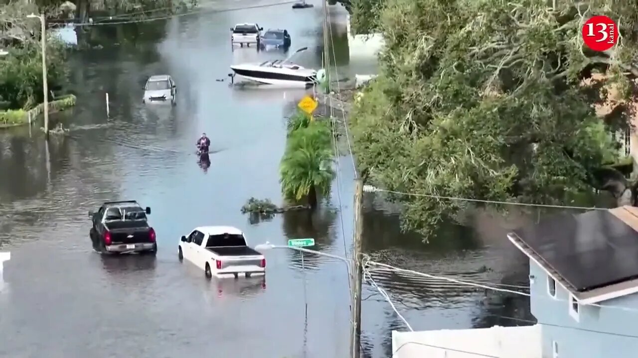 Hurricane Milton storm surge brings flooding to Tampa, Florida, as seen from the air