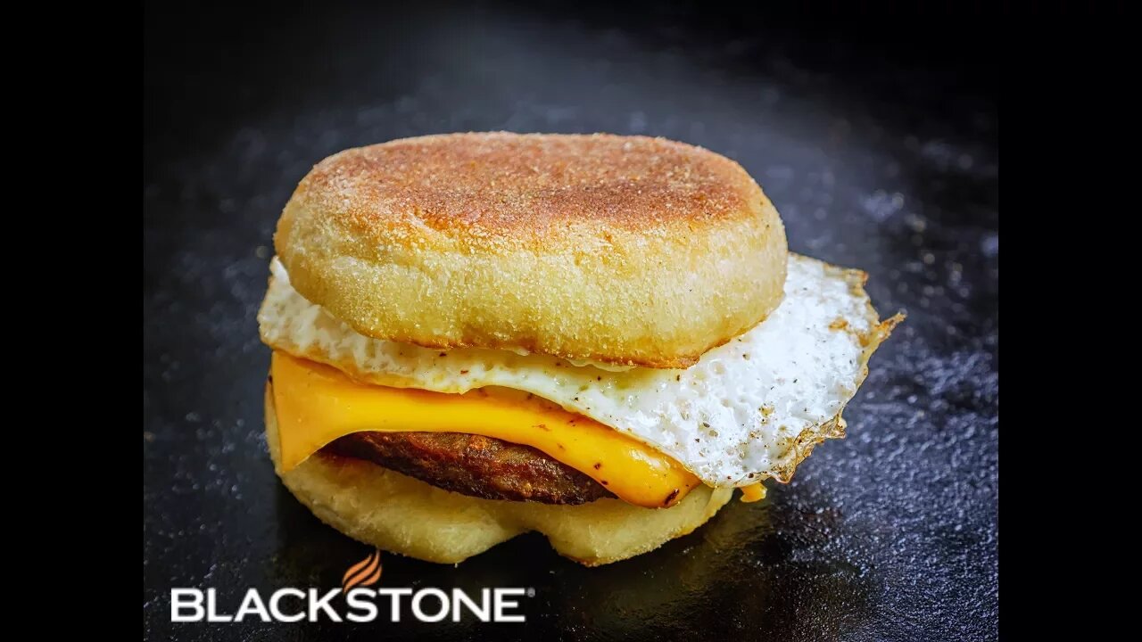 Breakfast Sausage, Egg, and Cheese on a Homemade English Muffin on the Blackstone Griddle