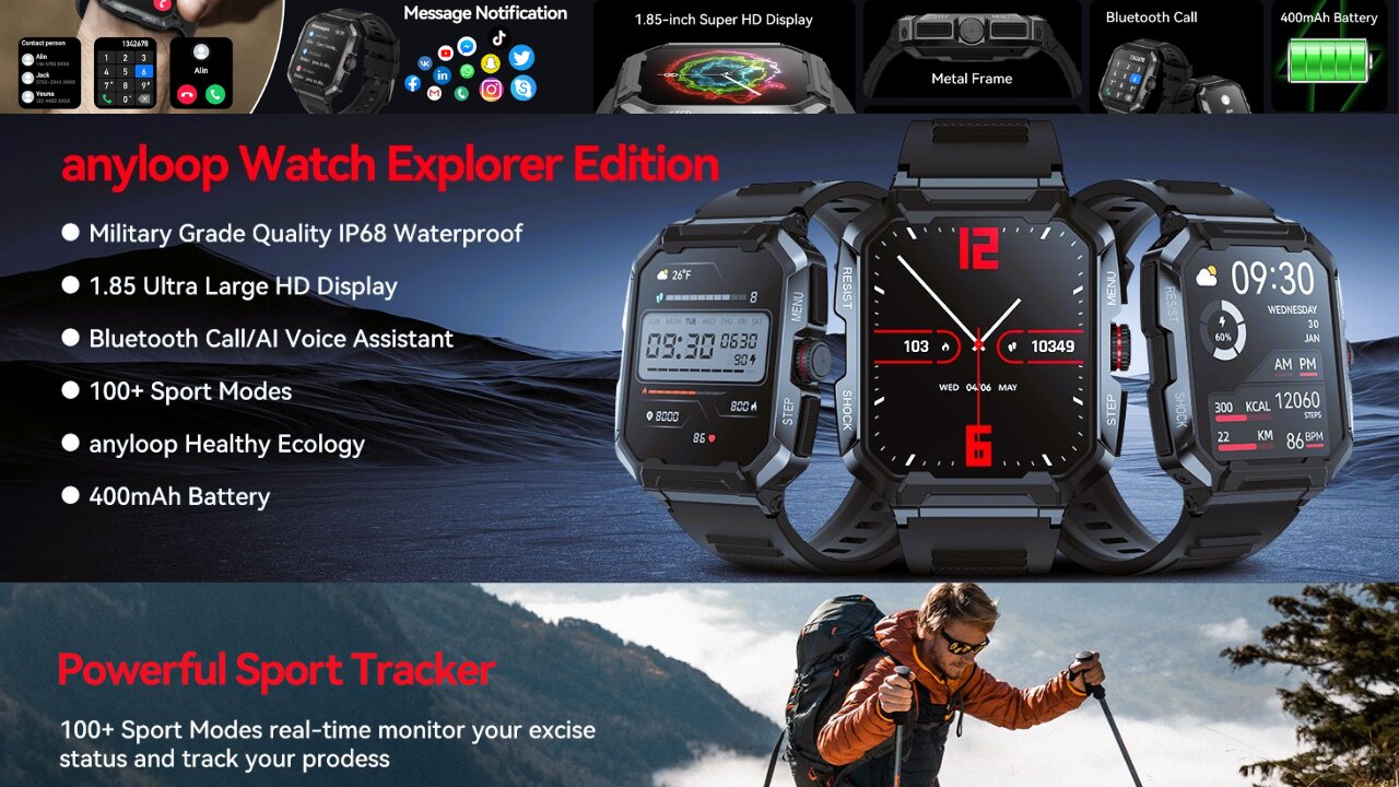 ANYLOOP Men's Military Smartwatch w Call Function| 400mAh Battery| IP68 Waterproof| Iphone & Android