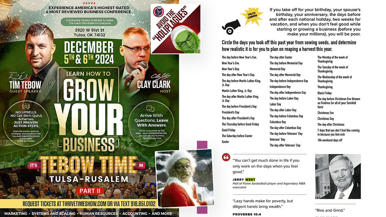 Holi-Plagues | A Business Owner's Guide for Avoid the Self-Inflicted Poverty Caused By the Holi-Plagues + Proverbs 6:10-12 + Join Tim Tebow At Clay Clark's 2-Day Interactive Business Growth Workshop