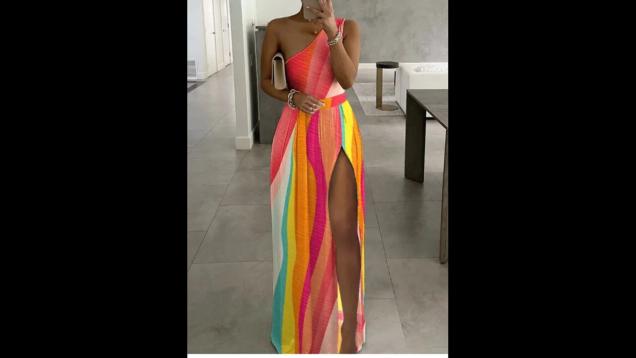Colorblock One Shoulder High Slit Maxi Dress, Style Casual, Evening, Wedding Guest