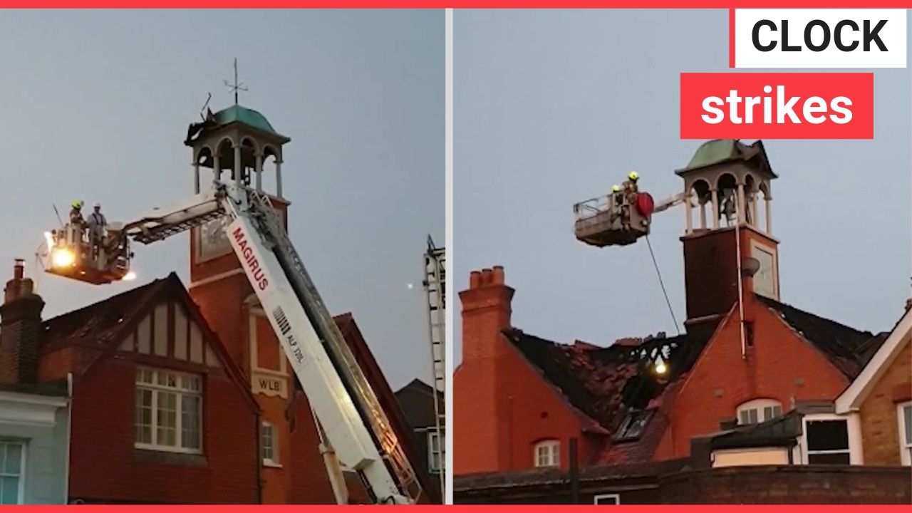 A Grade-II listed bell tower went up in flames after it was struck by lightning