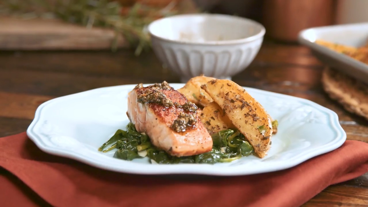 Chimichurri Pan Seared Salmon – Crispy Potatoes, Sautéed Garlic Spinach