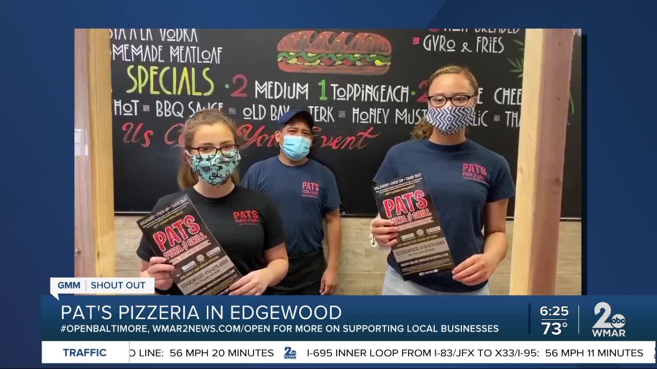 Pat's Pizzeria says "We're Open Baltimore!"