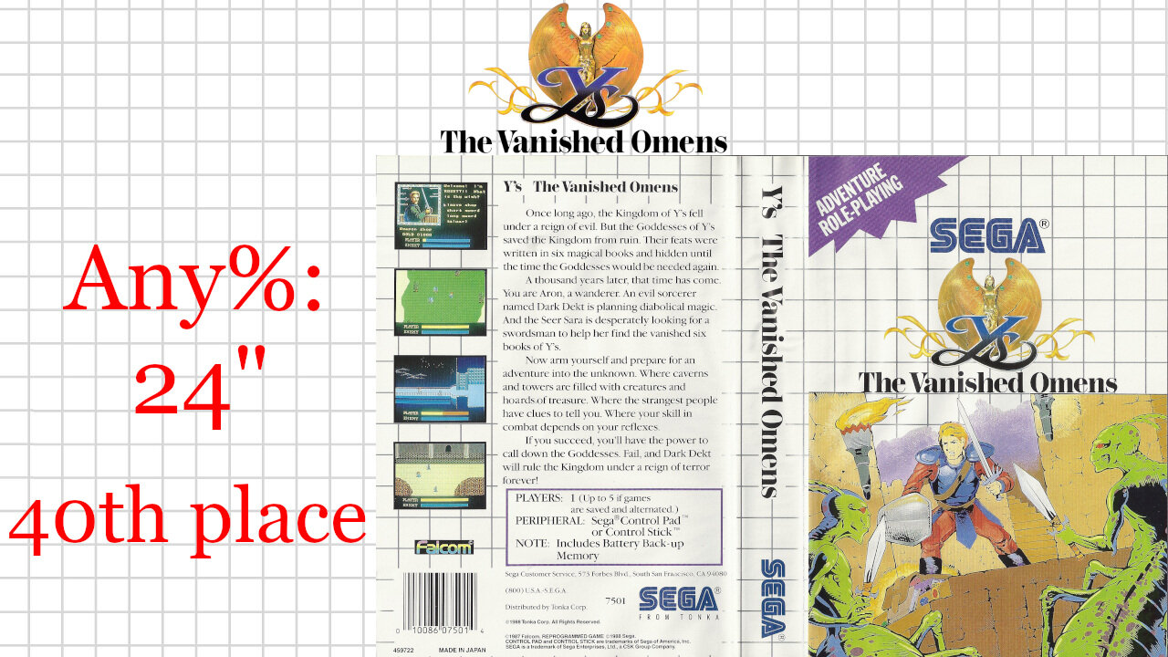 Ys: The Vanished Omens [SMS] Any% [24"917] 40th place | SEGA Master System