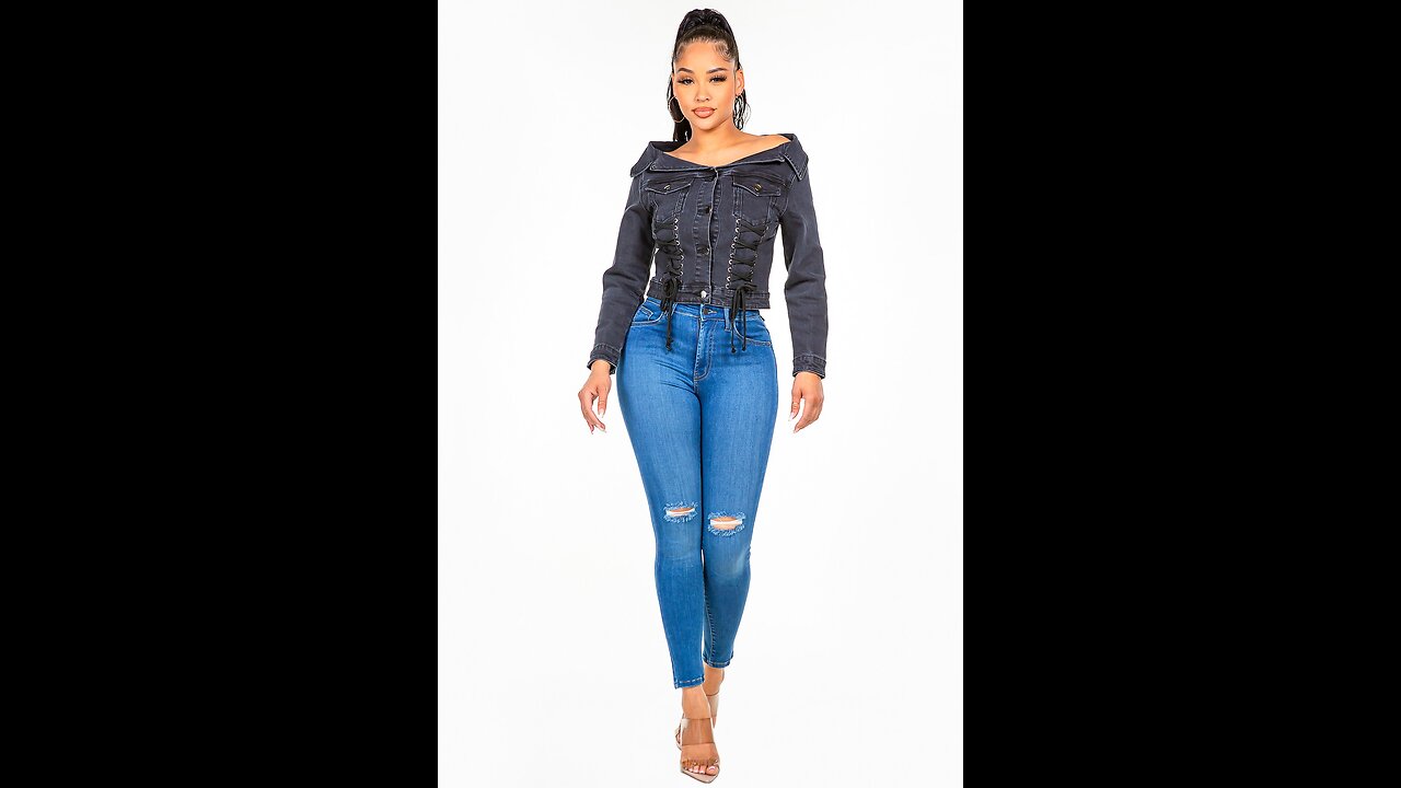 American Bazi Off Shoulder Lace Up Denim Jacket💙