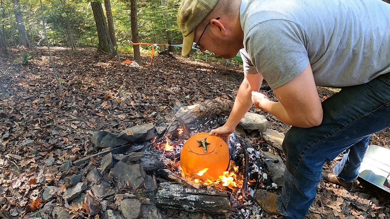 Camping & Campfire Cooking on Halloween - Pork & Cider Stew Cooked in a Pumpkin