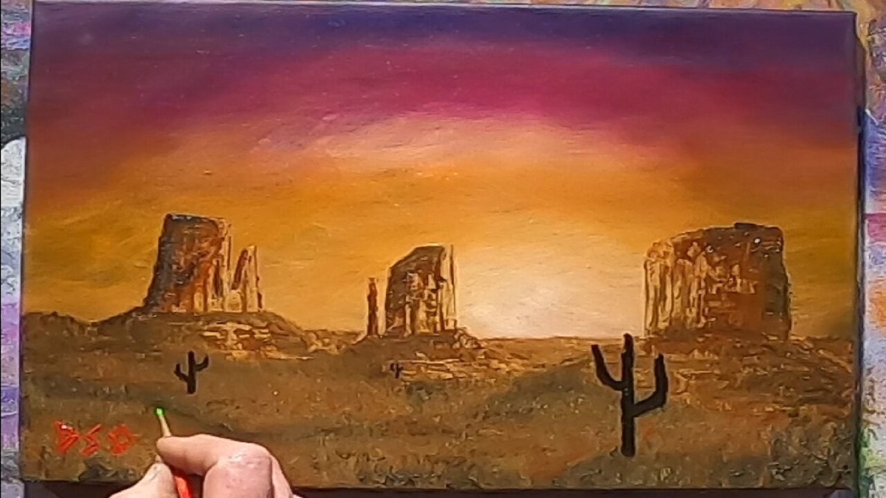 Oil Painting on Canvas Desert MESA Badlands at Sunset with Cactus 2-25-2022