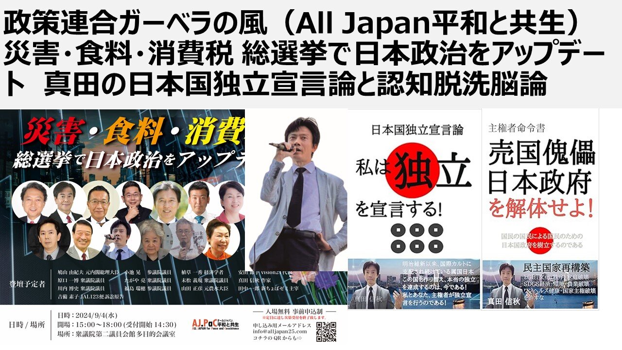 政策連合ガーベラの風(All Japan平和と共生) 災害・食料・消費税 総選挙で日本政治をアップデート 真田の日本国独立宣言論と認知脱洗脳論