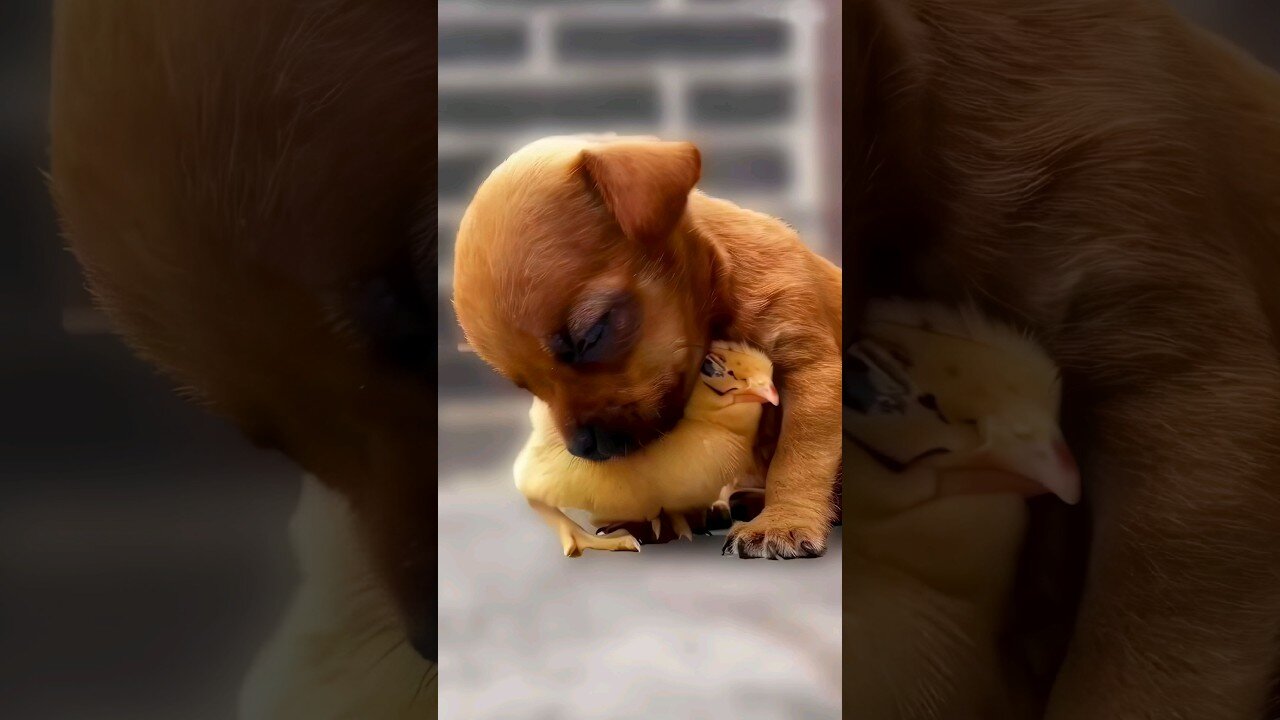 The love between puppies and chicks 🥰