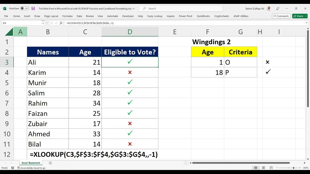 Tick Mark Font in Microsoft Excel with XLOOKUP Function & Conditional Formatting