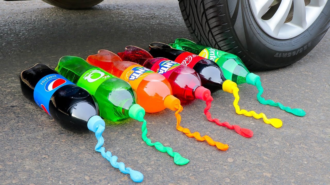 Squashing Crunchy and Soft Things! Coca cola, Sprite, Fanta, Mirinda with Balloons VS Car Wheel