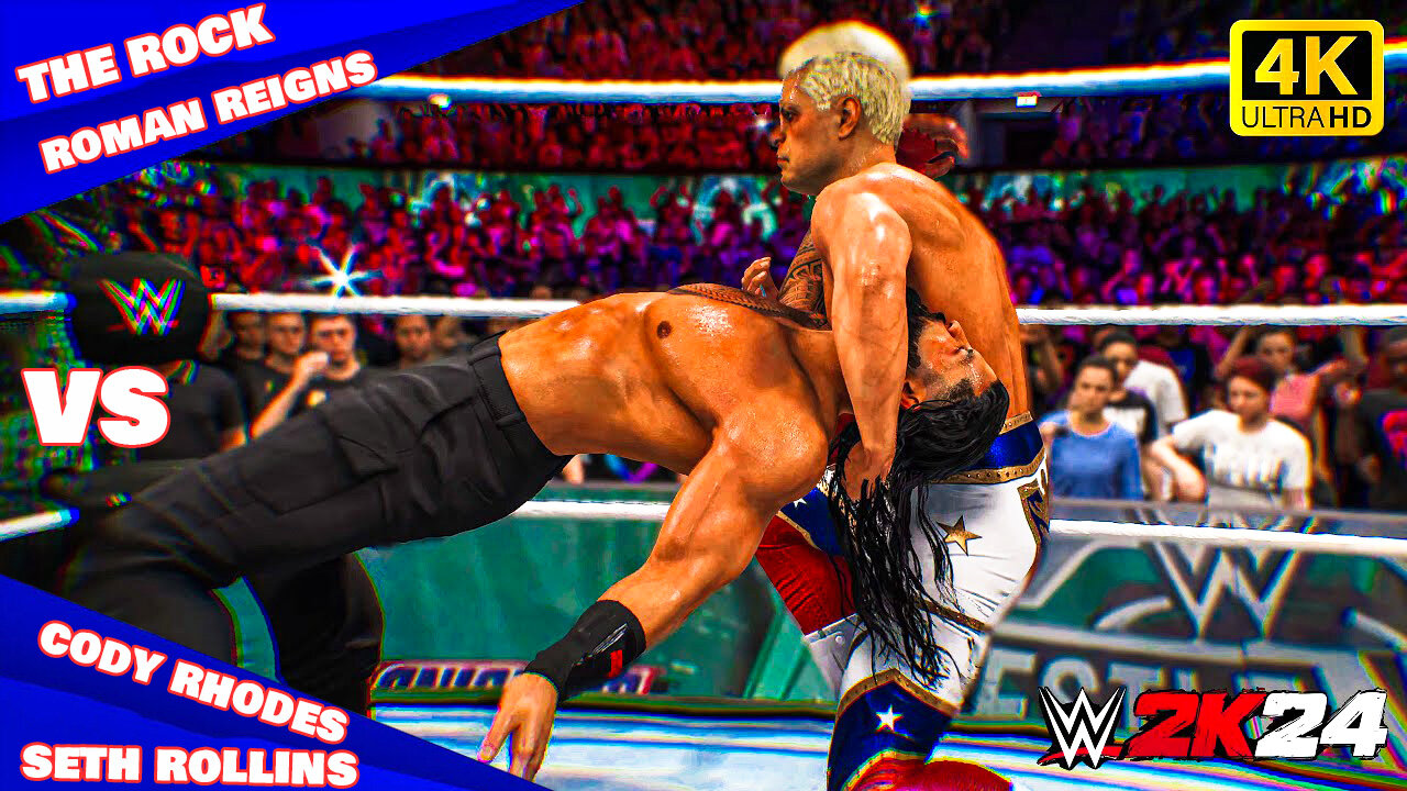 WWE 2K24 - The Rock, Roman Reigns vs Cody Rhodes & Seth Rollins at NXT No Mercy wwe