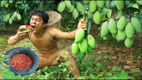 Survival in the forest - Eating mango with salt peppers delicious Green mango vs Salt Wild Legend