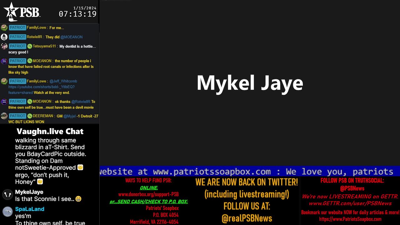 2024-01-15 07:06 EST - Patriots Soapbox AM: with MykelJaye, SkyeBreeze