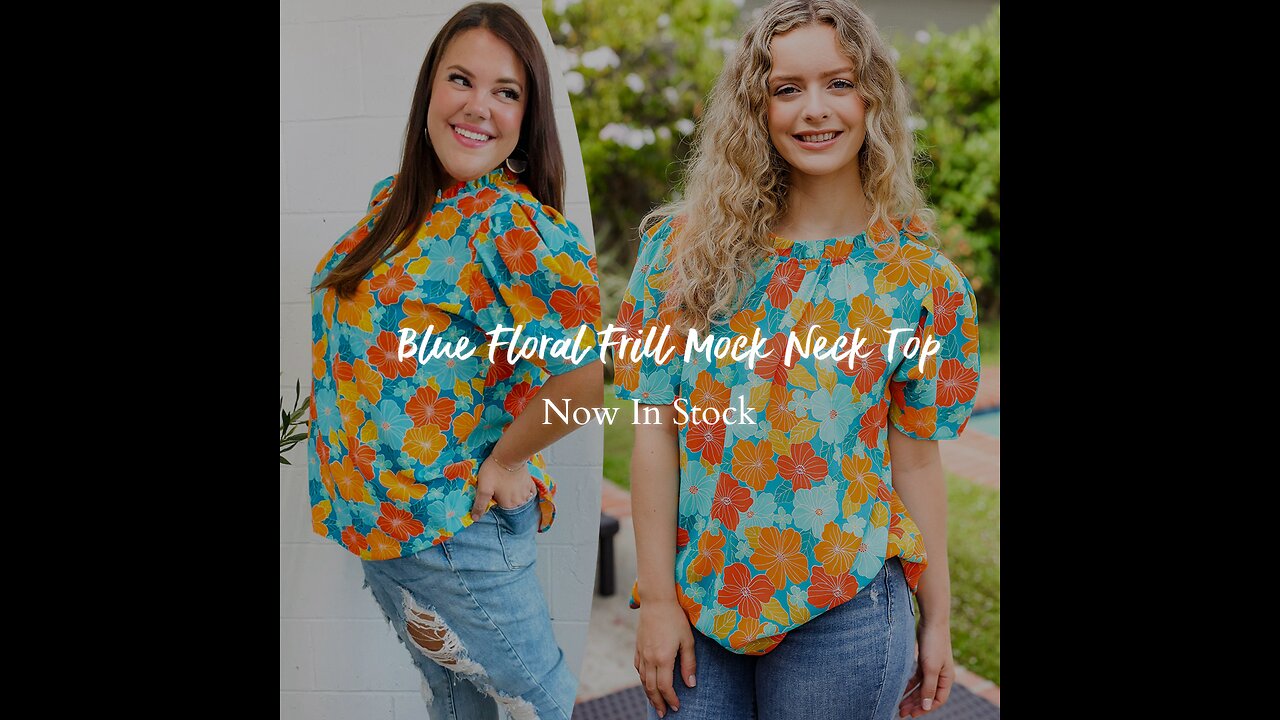 Vacay Ready Blue & Orange Floral Frill Mock Neck Top