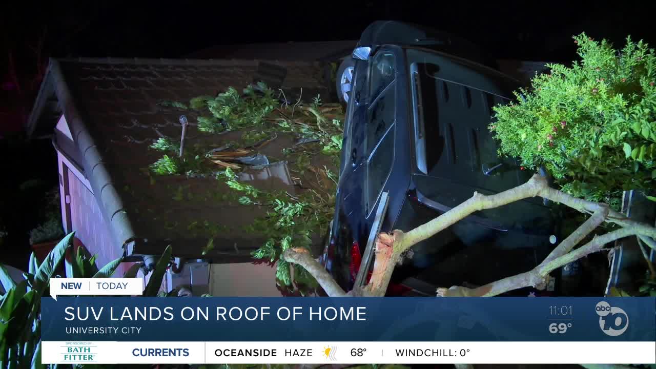 SUV lands on roof of home