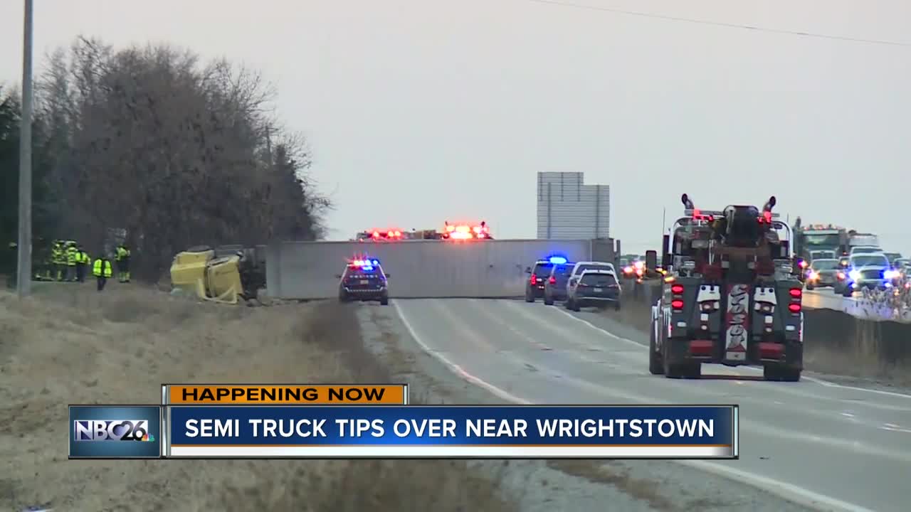 Semi tips over near Wrightstown