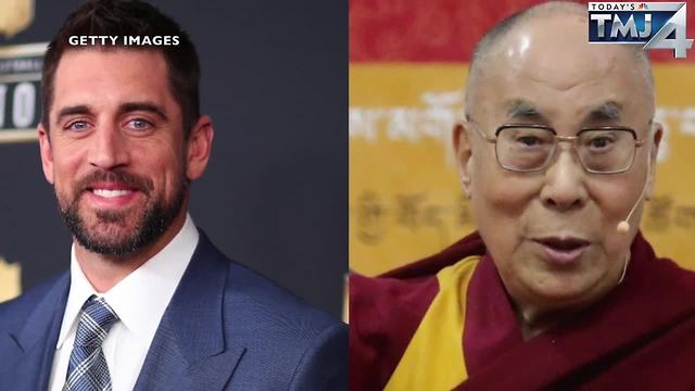 Aaron Rodgers gives the Dalai Lama Packers hat, football