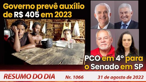 Governo prevê auxílio de R$405 em 23. PCO em 4º para o Senado em SP - Resumo do Dia Nº1066 - 31/8/22