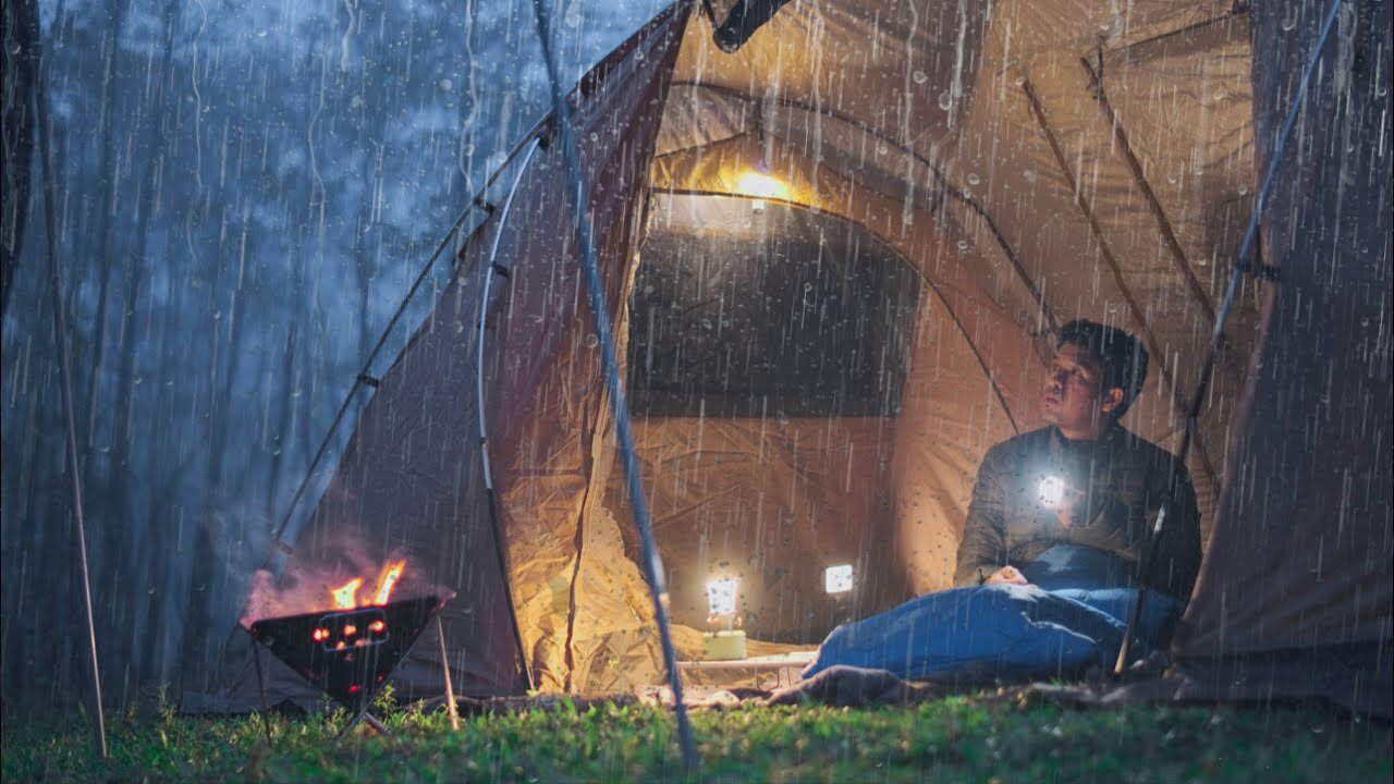 HOT TENT CAMPING IN RAIN • RELAXING WITH PERFECT RAIN TENT • Solo Camping ASMR