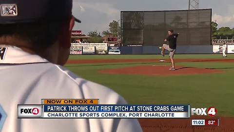 Patrick Nolan throws first pitch (twice) at Stone Crabs game