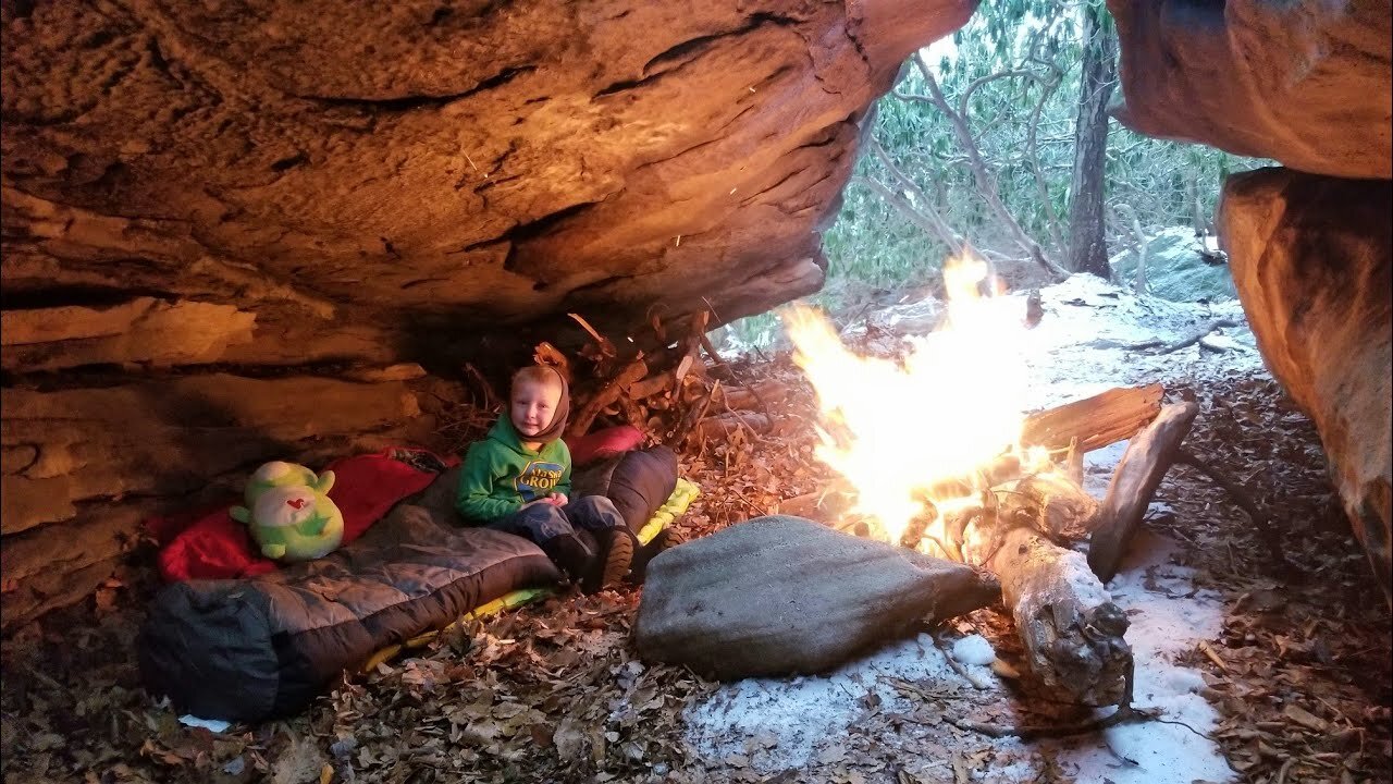 No Tent Winter Camping During Snow Storm - Exploring Natural Stone Maze