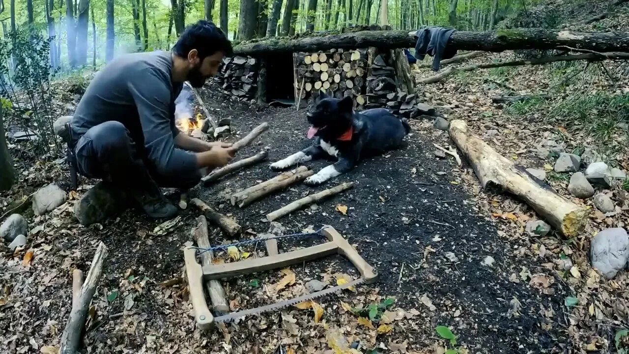 Camping, building wood and rock forest houses and fireplaces, quail cooking - survival, DIY $$ 6