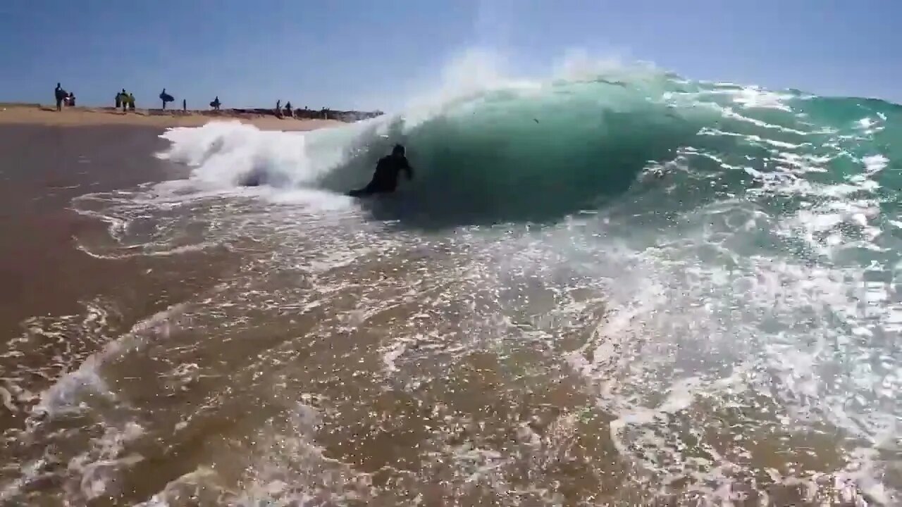 Surfing and Skimboarding WEDGE on massive HIGH TIDE