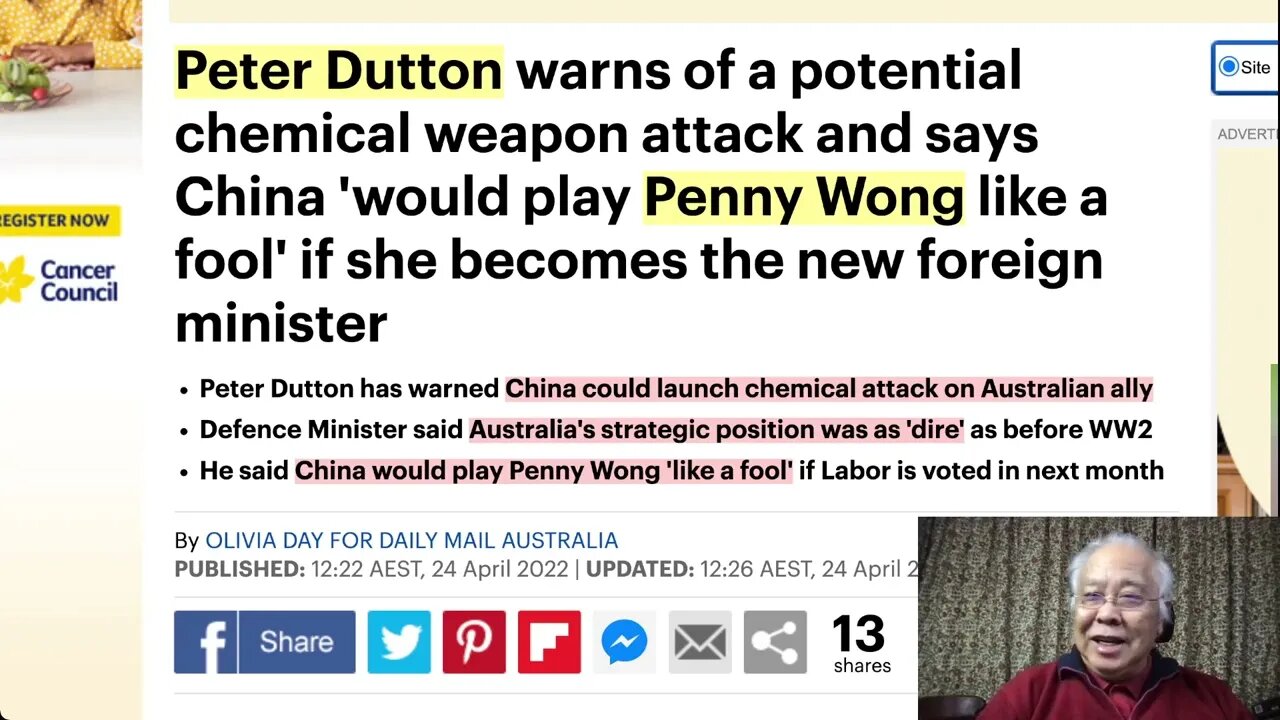 [嚇一下選民] 澳洲國防部長說中國可能用化學武器襲擊澳洲同盟