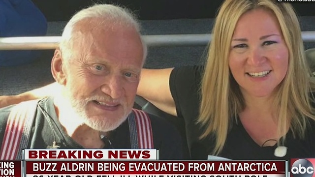 Buzz Aldrin being evacuated from Antarctica after falling ill