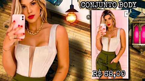 Conjunto Body de Decote e short com bolsos lindos shopee!