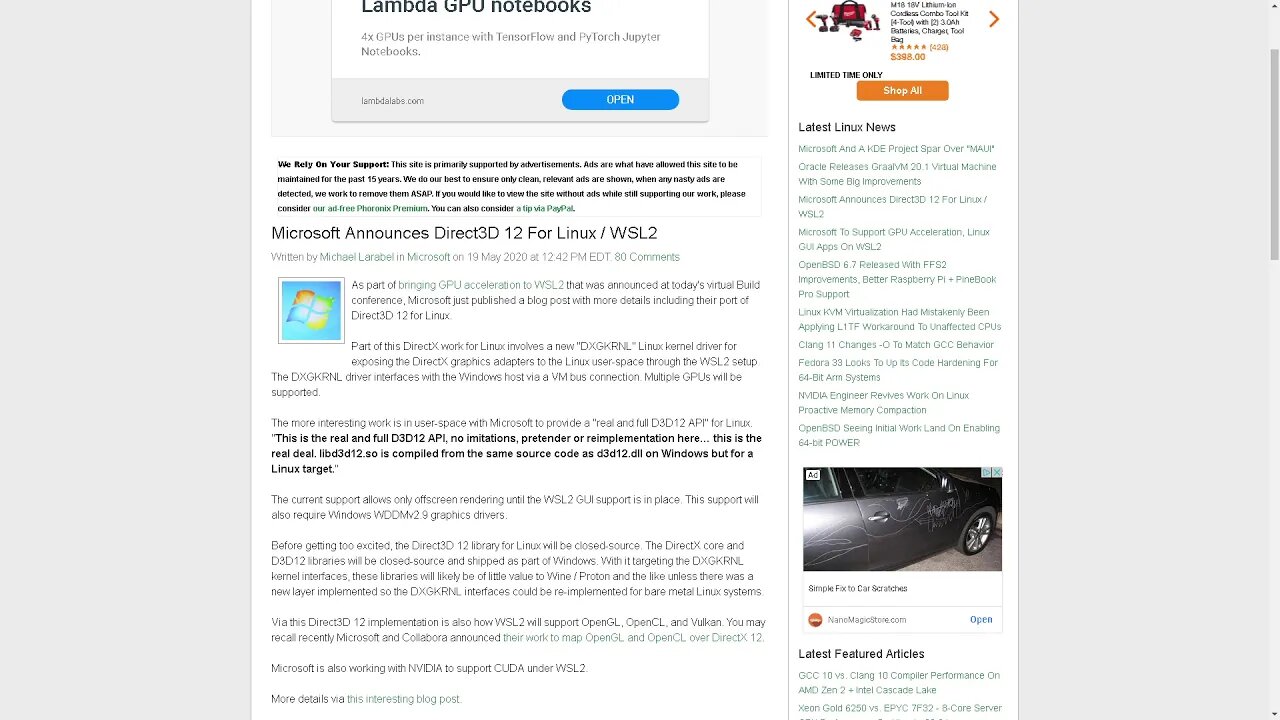 2020 Microsoft Announces Direct3D 12 For Linux ( WSL2)