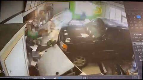 angry man in a pick up truck drives into a sub way twice
