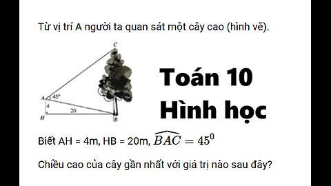 Toán 10: Từ vị trí A người ta quan sát một cây cao (hình vẽ). Biết AH = 4m, HB = 20m