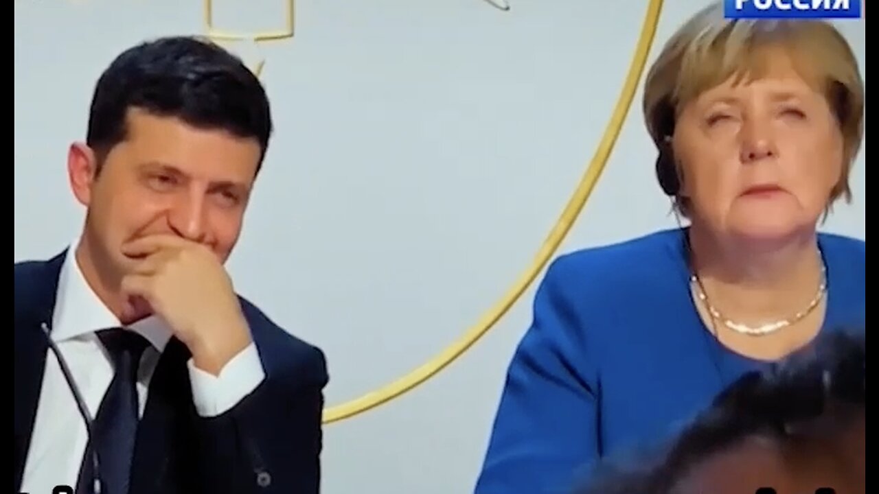 Drugged Jewish clown Zelensky laughs at the Minsk Agreements and makes grimaces while Putin speaks back in 2019