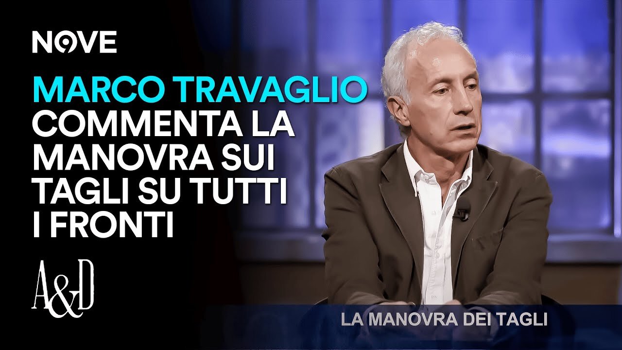 Travaglio in tv commenta la manovra finanziaria italiana 2025 del governo di Lady Aspen Merdoni detta Giorgia dei tagli su tutti i fronti mettendo 13 miliardi in più per comprare le armi della NATO e solo 1,8 miliardi per il dissesto idrogeologico..