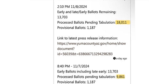 Kari Lake Race- 23,000 Ballots added to Uncounted Ballot Totals in Pima & Yuma Counties on Nov.7 & 8