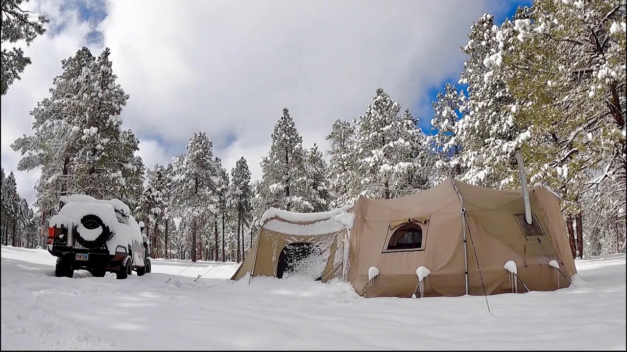 Cooking Tasty Food In Snowstorms On My Wood Stove - Relaxing Hot Tent Camping With My Dog