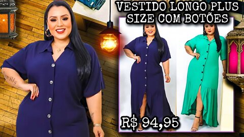 🛑 VESTIDO LONGO PLUS SIZE ESTILO MIDI COM BOTÕES E MANGA CURTA