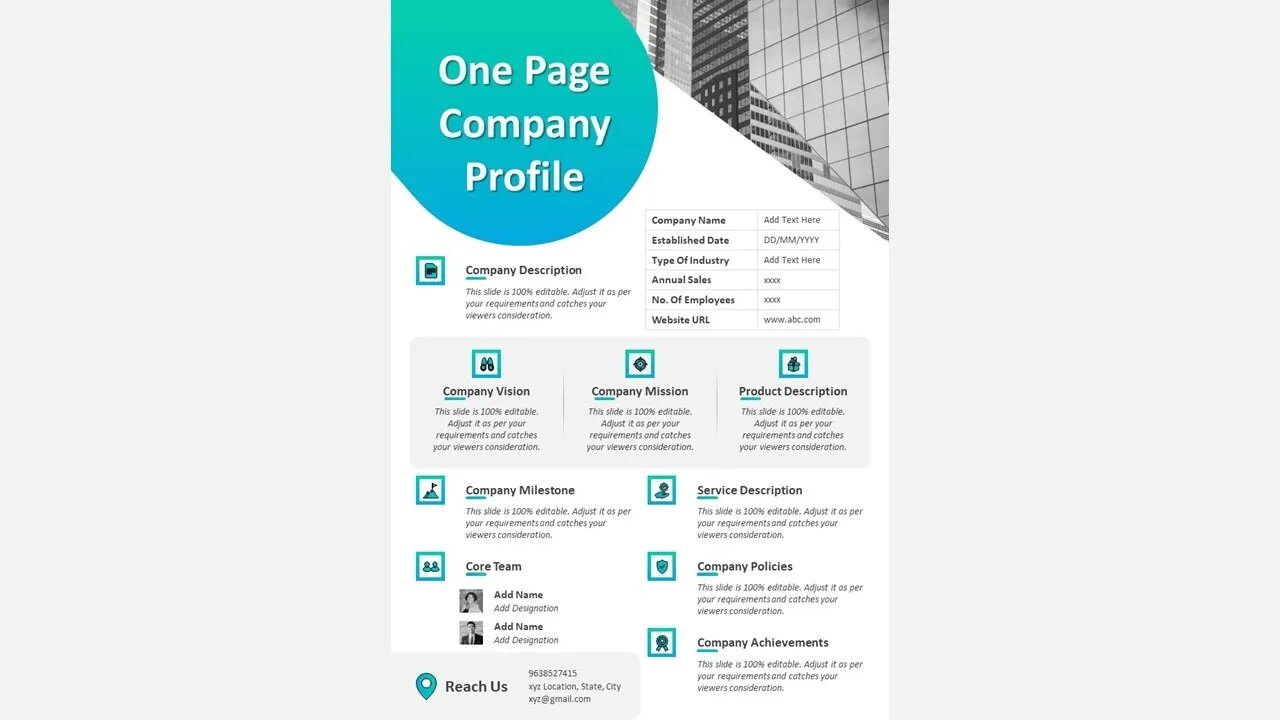 One Pager Company Profile PowerPoint Slide