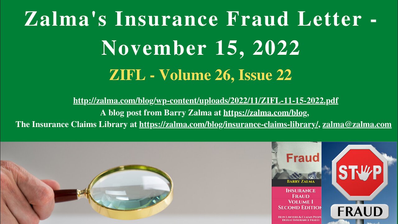 Zalma's Insurance Fraud Letter - November 15, 2022