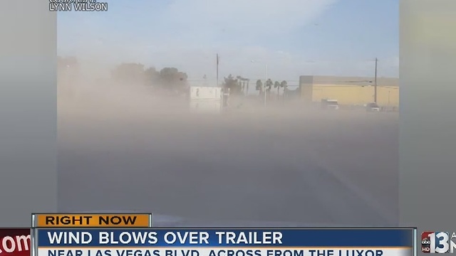 Wind blows over trailer near Las Vegas Strip