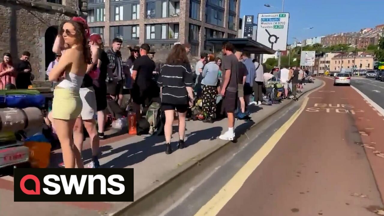 Huge queues form in Bristol as revellers await transport to Glastonbury